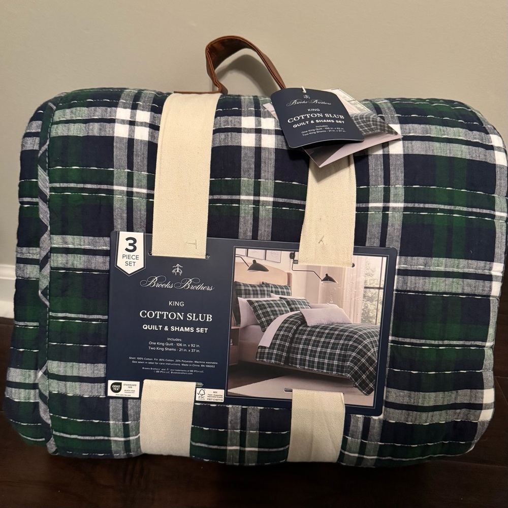 Brooks Brothers Green, Navy, White King Cotton Slub Quilt Sham Set Tartan Plaid